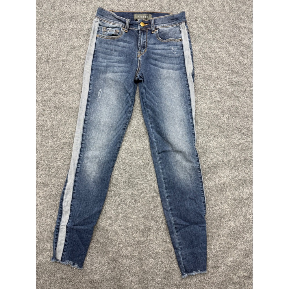 Harper Womens Size 26 Blue Denim Side Stripe Skinny Jeans Frayed Hem Distressed